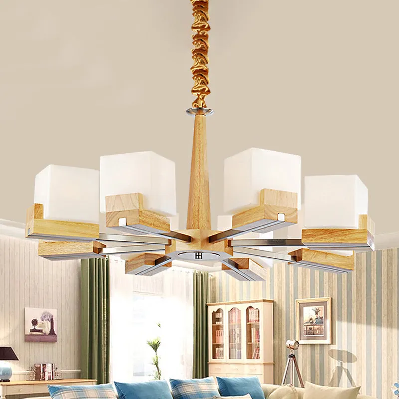 Wooden Nordic Chandelier with Glass Cube Shades - 3/5/8 Heads Ceiling Lamp for Living Room Lighting