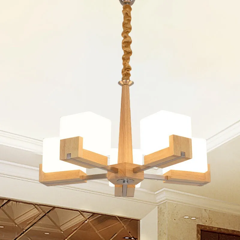 Wooden Nordic Chandelier with Glass Cube Shades - 3/5/8 Heads Ceiling Lamp for Living Room Lighting