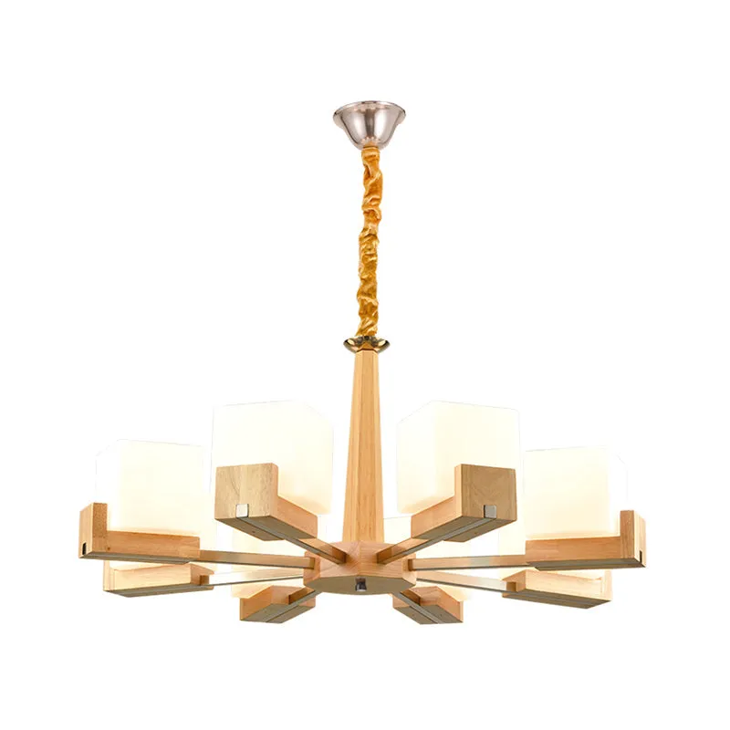 Wooden Nordic Chandelier with Glass Cube Shades - 3/5/8 Heads Ceiling Lamp for Living Room Lighting