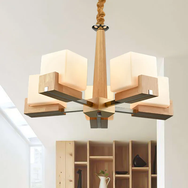 Wooden Nordic Chandelier with Glass Cube Shades - 3/5/8 Heads Ceiling Lamp for Living Room Lighting