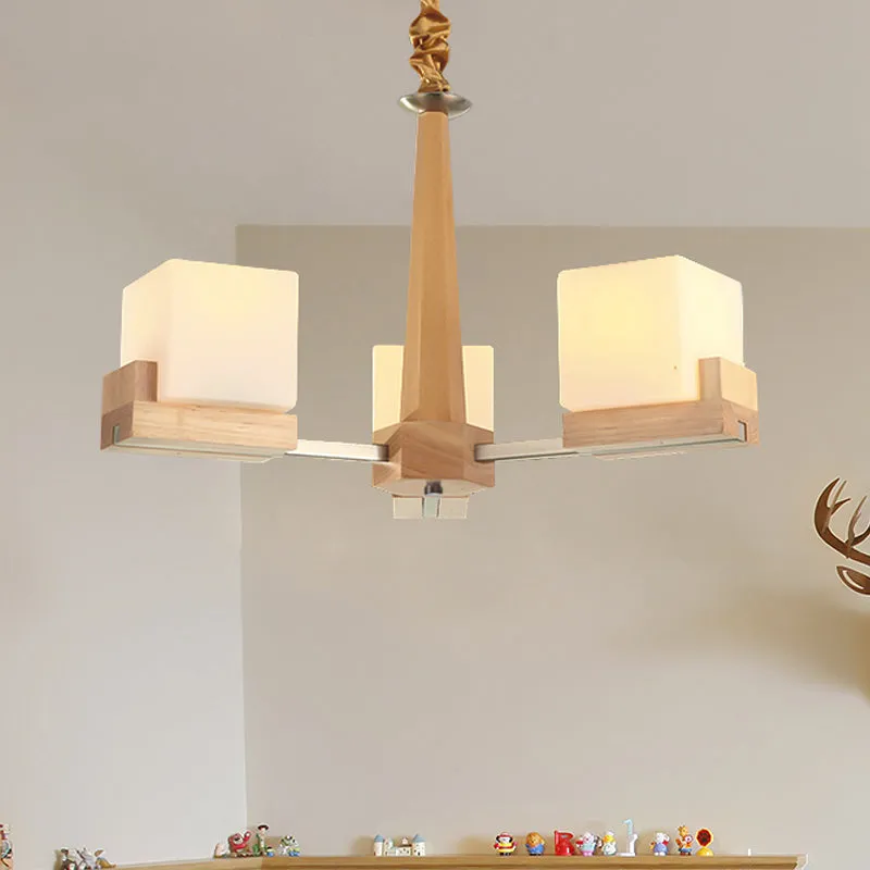 Wooden Nordic Chandelier with Glass Cube Shades - 3/5/8 Heads Ceiling Lamp for Living Room Lighting