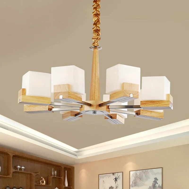 Wooden Nordic Chandelier with Glass Cube Shades - 3/5/8 Heads Ceiling Lamp for Living Room Lighting