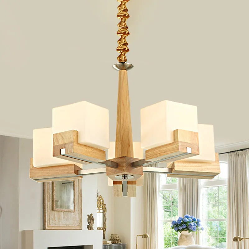 Wooden Nordic Chandelier with Glass Cube Shades - 3/5/8 Heads Ceiling Lamp for Living Room Lighting