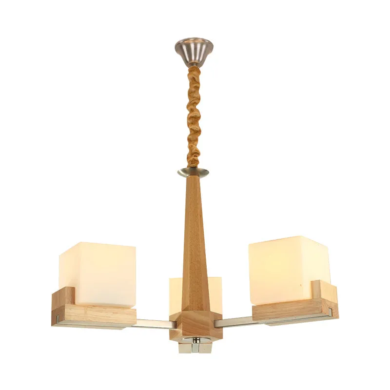 Wooden Nordic Chandelier with Glass Cube Shades - 3/5/8 Heads Ceiling Lamp for Living Room Lighting