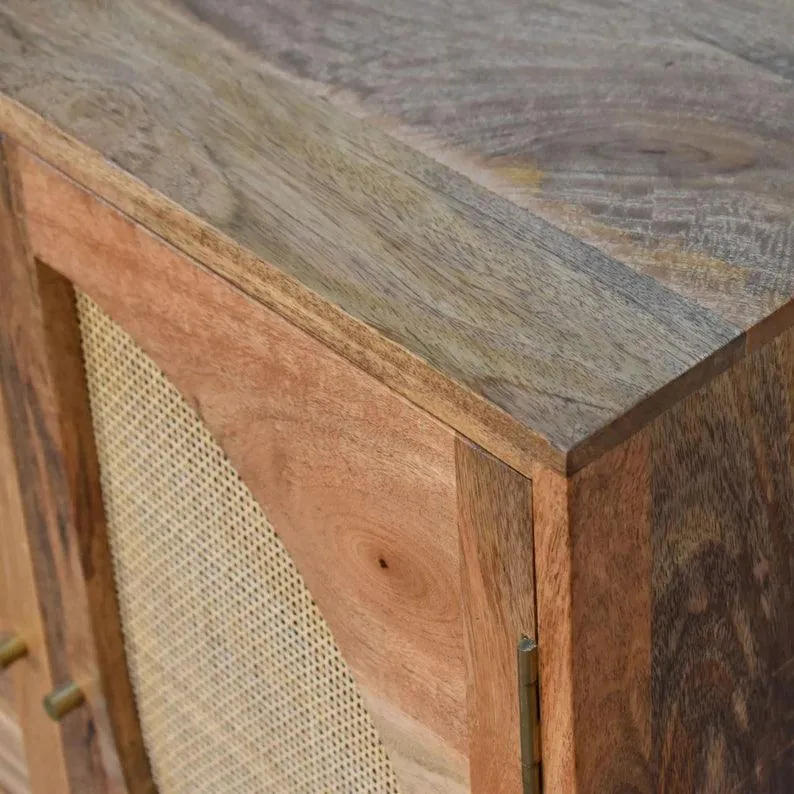 Wooden Twist Oak Rattan Leaf Design Acacia Wood Sideboard Cabinet with 2 Doors
