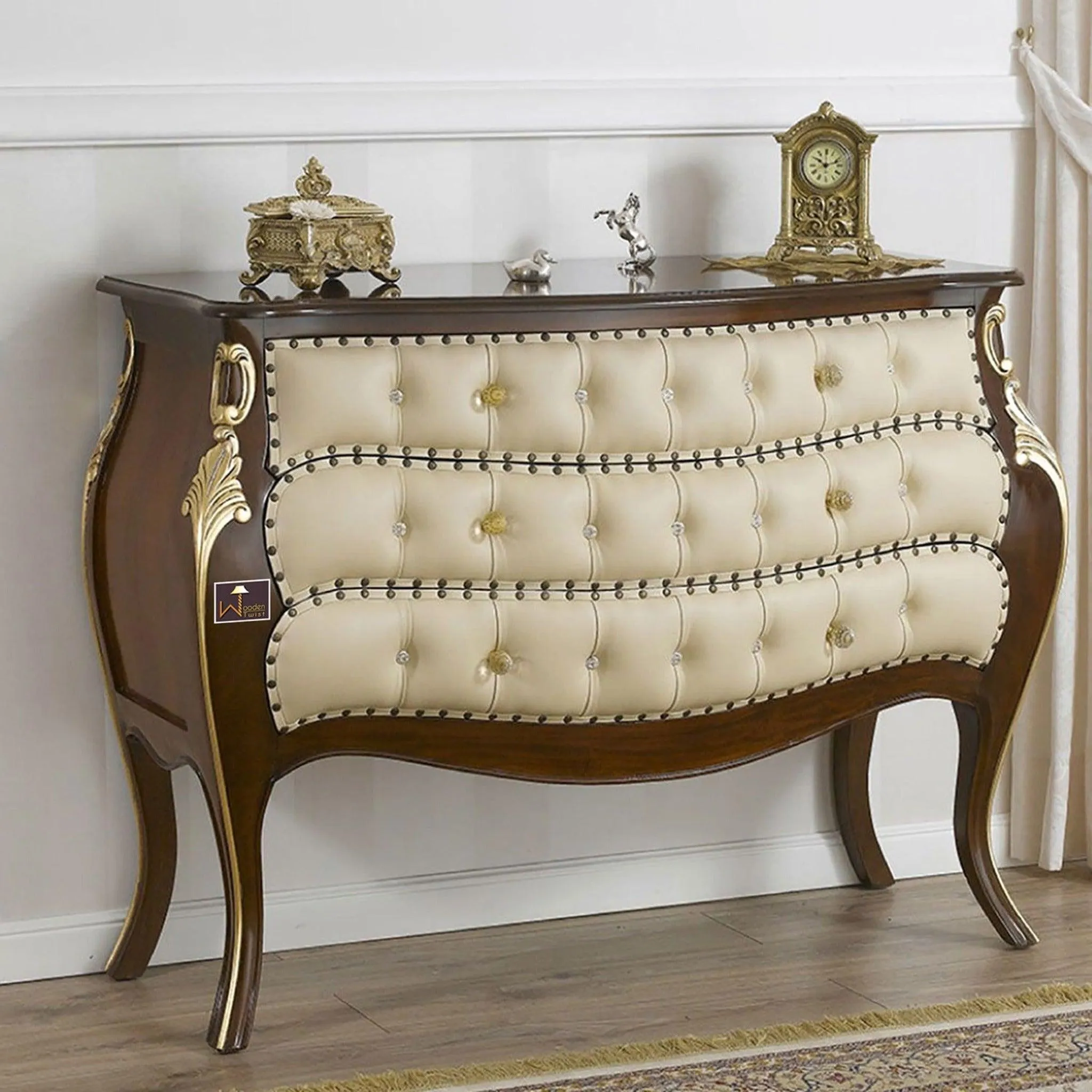 Wooden Twist Teak Wood French Baroque Royal Cabinet with 3 Drawers Vintage Luxury Storage