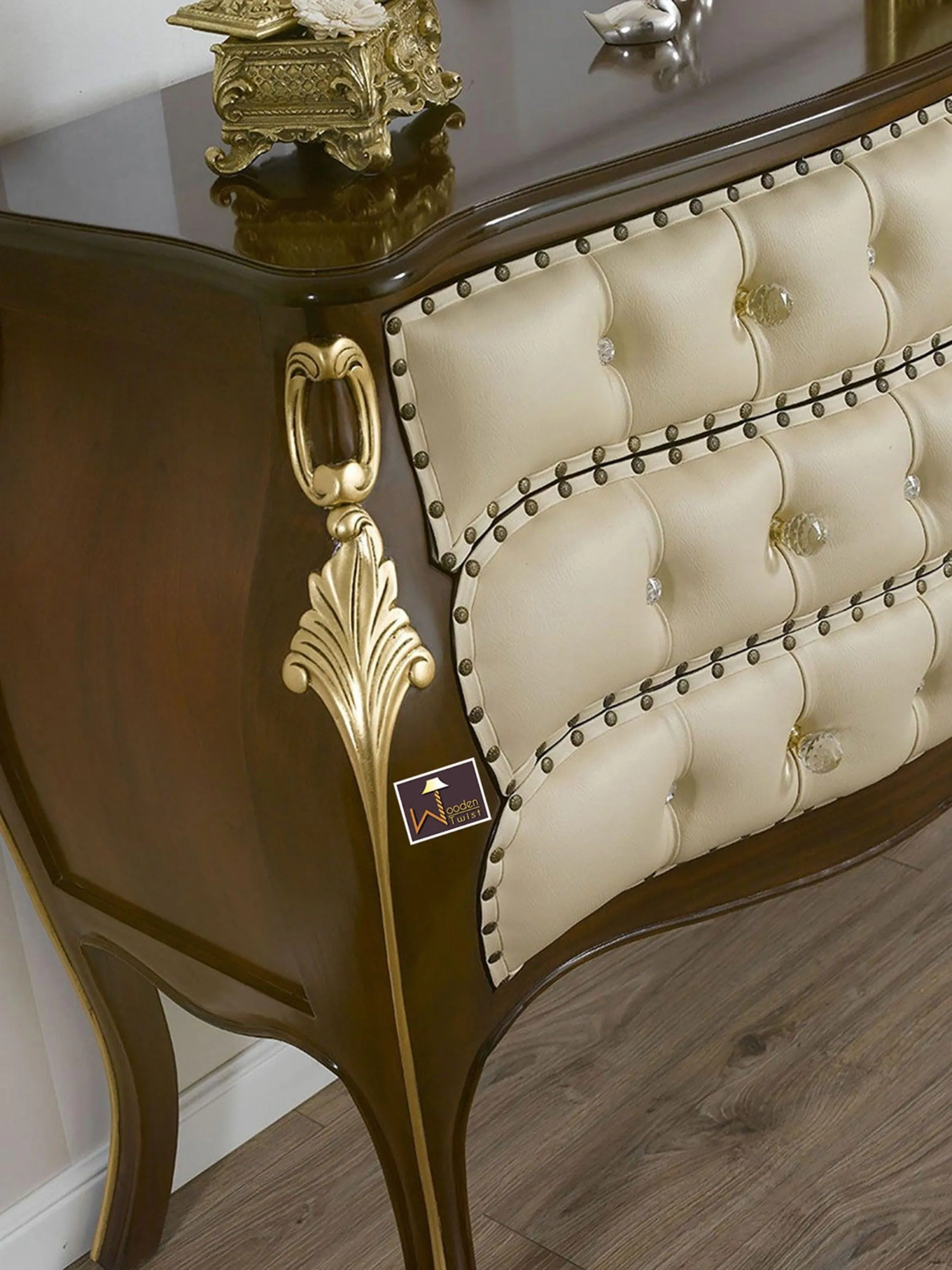 Wooden Twist Teak Wood French Baroque Royal Cabinet with 3 Drawers Vintage Luxury Storage