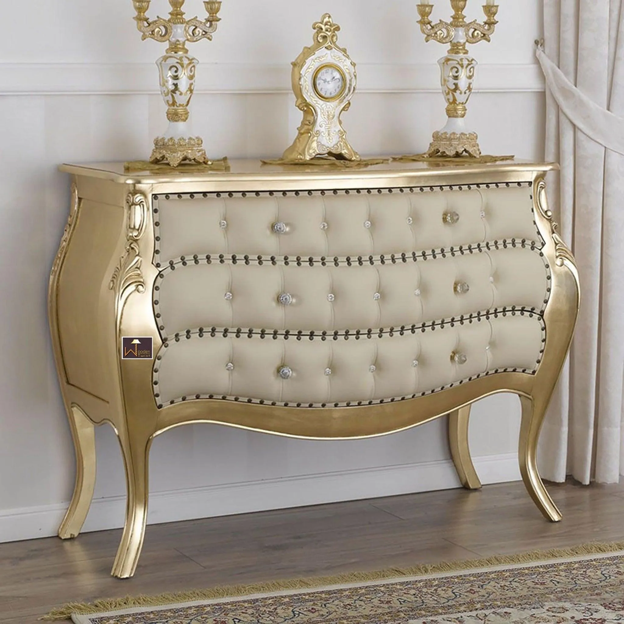 Wooden Twist Teak Wood French Baroque Royal Cabinet with 3 Drawers Vintage Luxury Storage